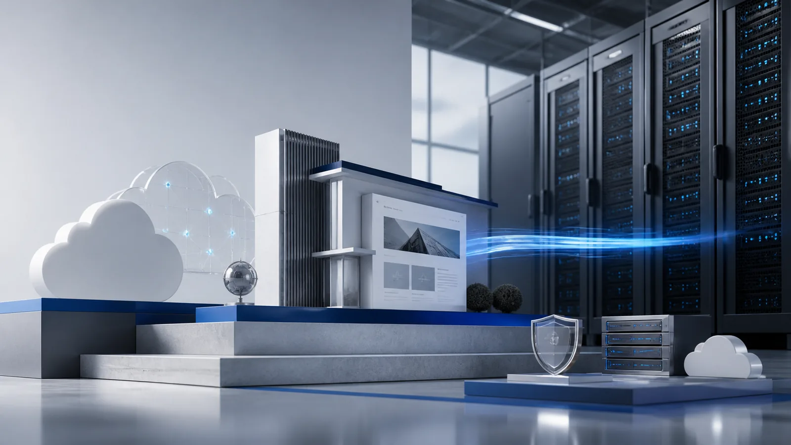 Plataforma de hosting empresarial con servidores, nube y administración centralizada
