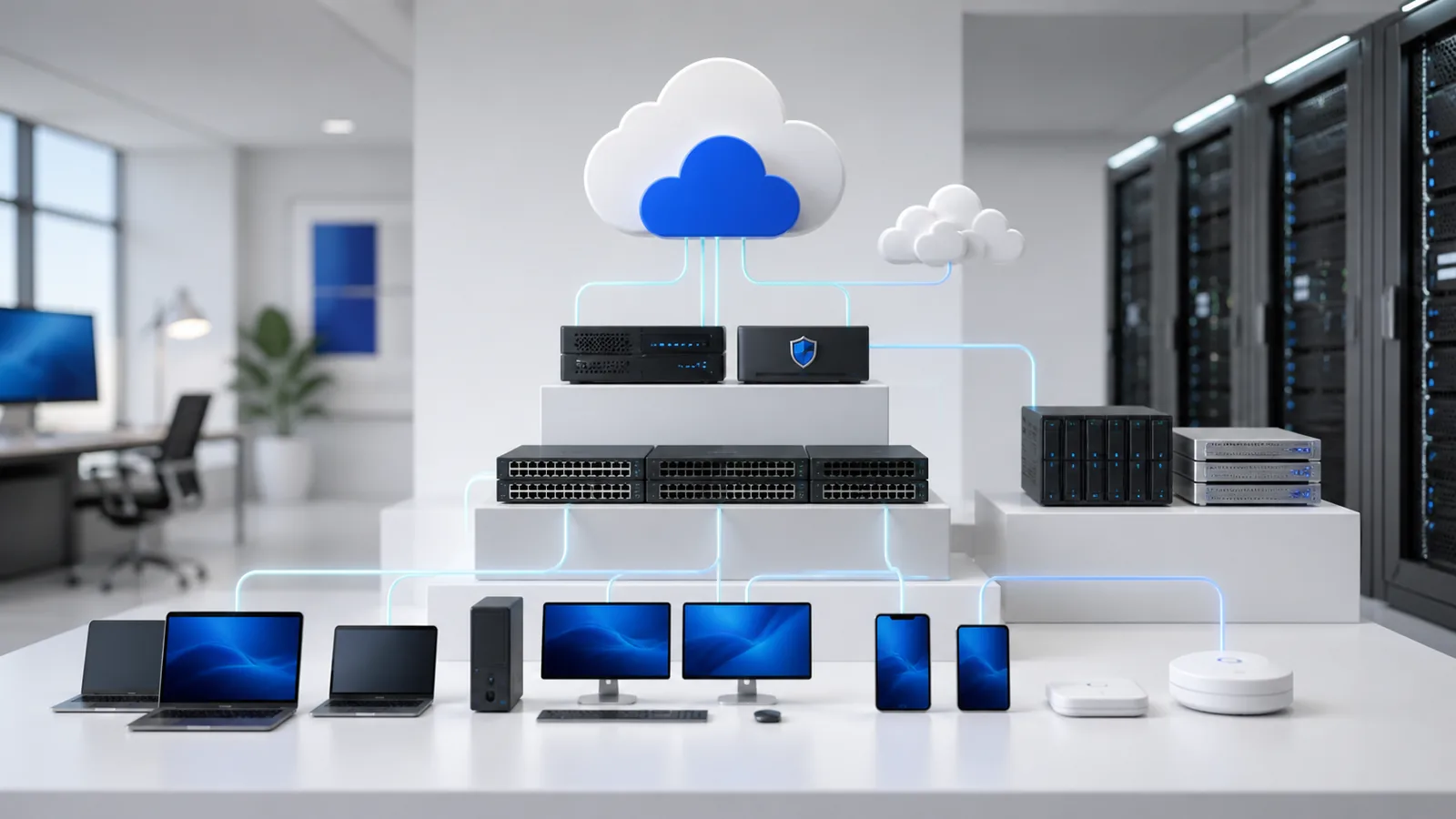 Red empresarial organizada con equipos, conectividad y servicios centrales