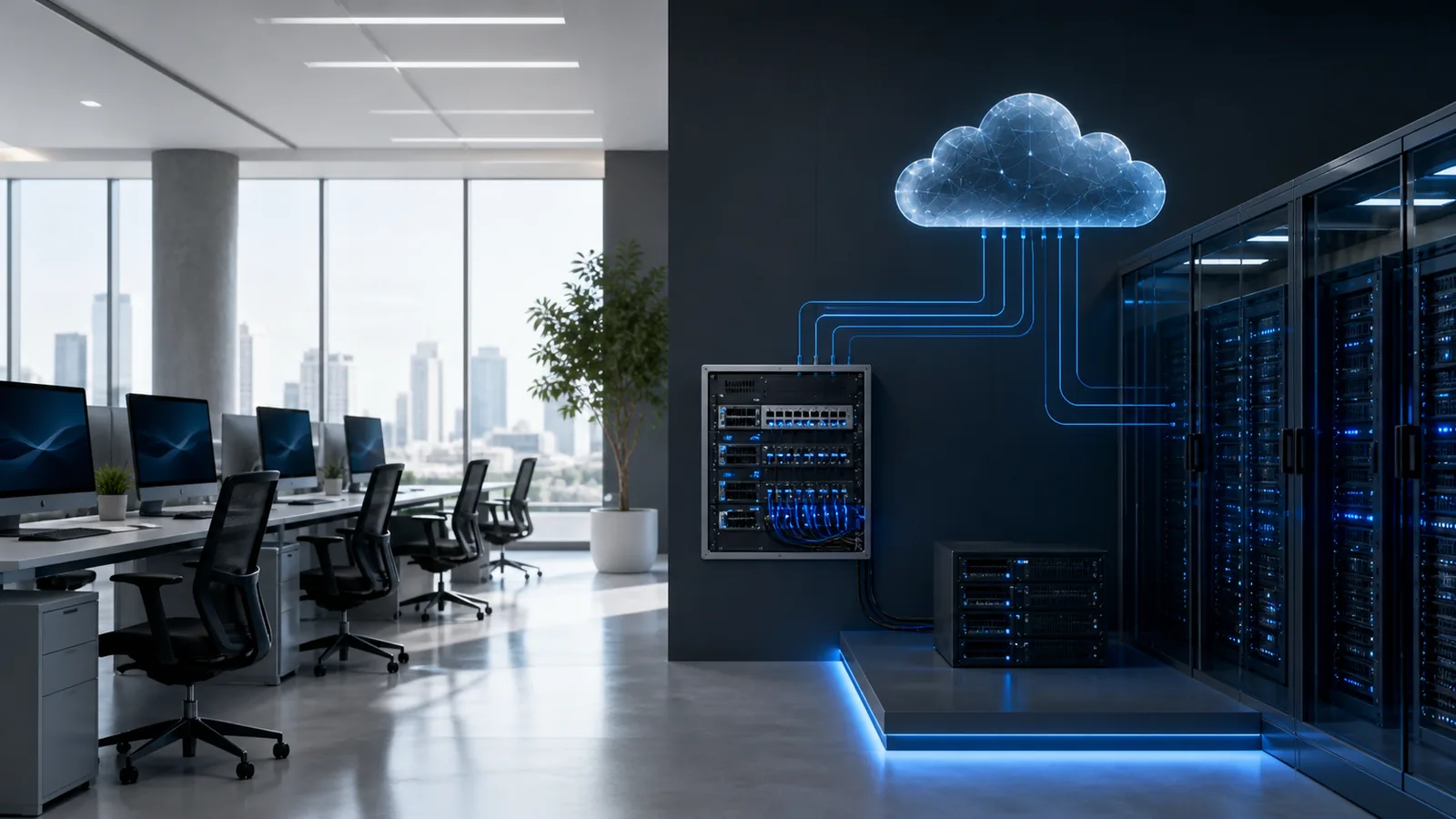 Infraestructura tecnológica empresarial conectada de forma ordenada y segura