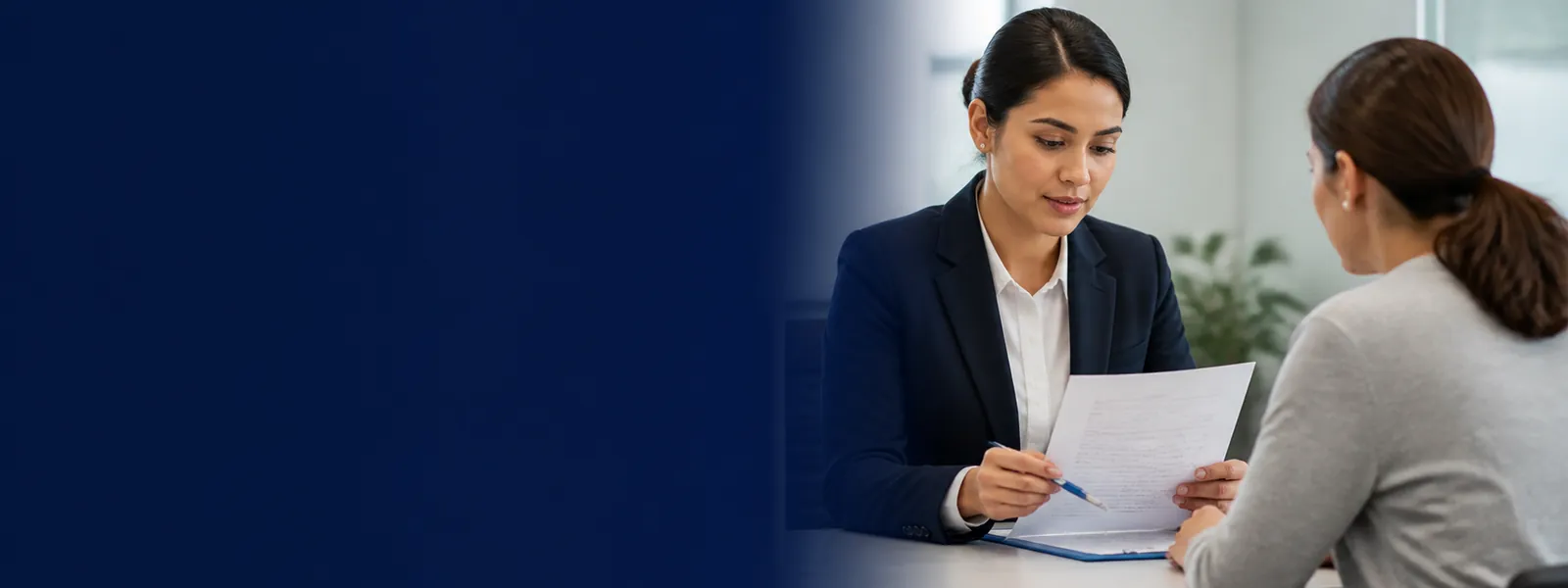 Especialista atendiendo formalmente una solicitud de una consumidora