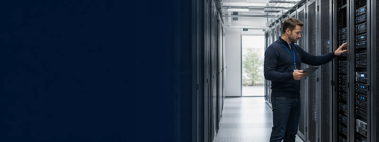 Especialista supervisando servidores de hosting empresarial