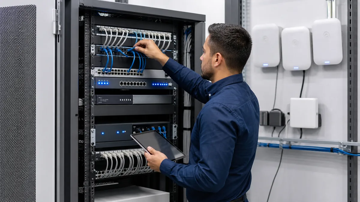 Técnico verificando una instalación ordenada de red e infraestructura