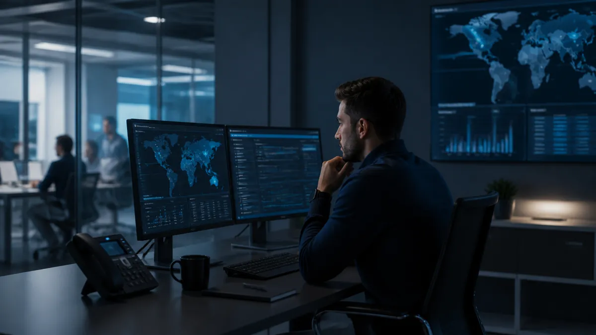 Profesional supervisando la seguridad digital de una operación empresarial